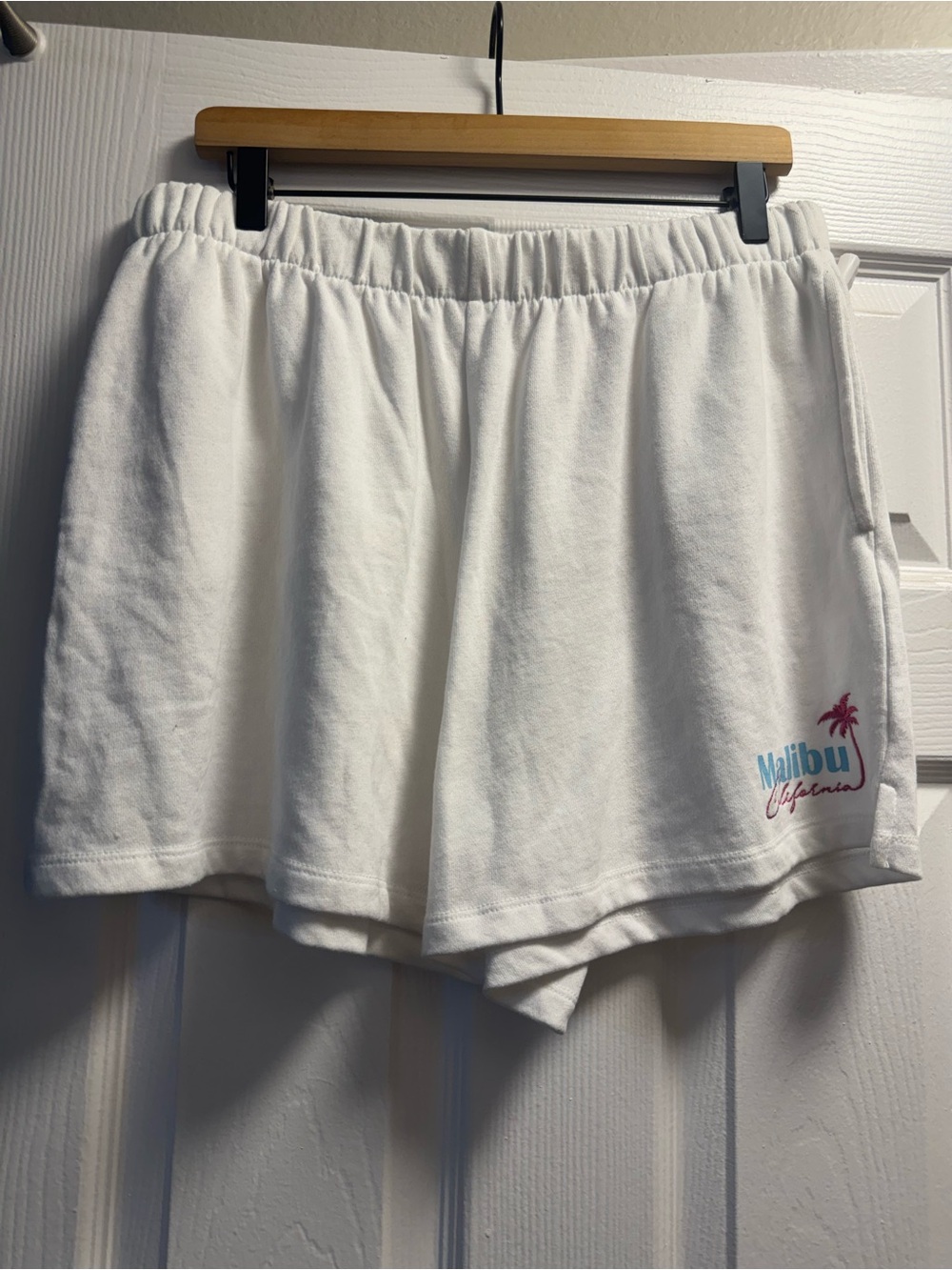 Garage White Terry Malibu Script Athletic Shorts